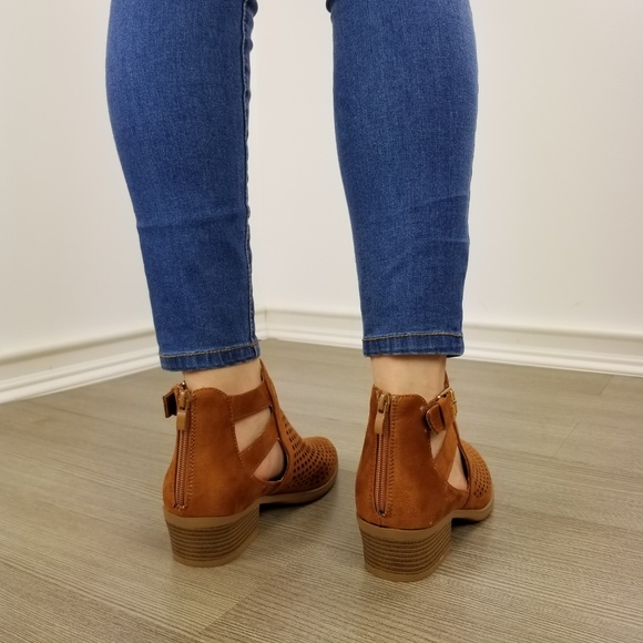 Brown Perforated Cut Open Ankle Boots - Picture 7 of 12